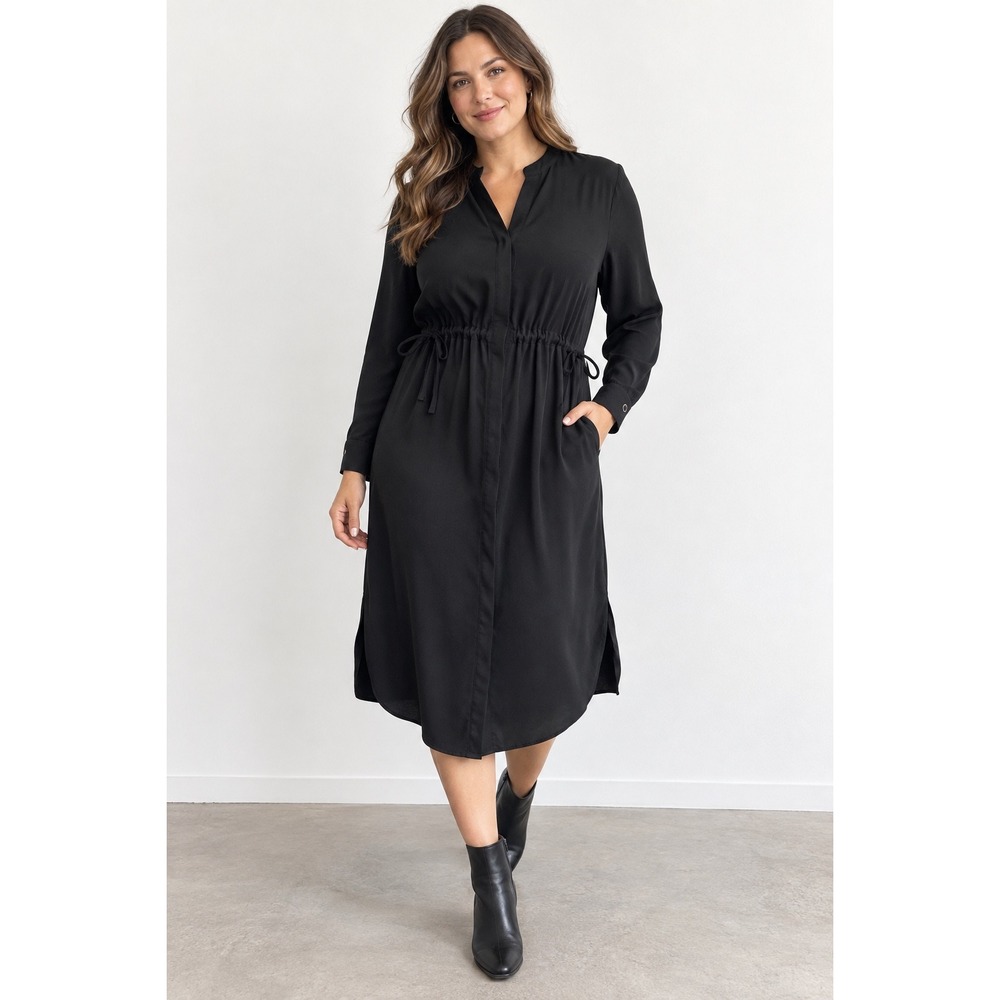 H&M Womens Black Long Sleeve Drawstring Waist Shirt Dress 10 Mandarin Collar